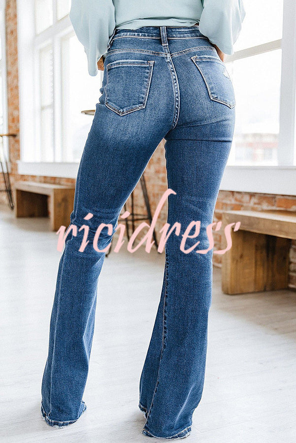 Washed High Rise Pocket Button Wide Leg Jeans