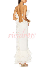 Alisin Pleated Chiffon Wavy Ruffles Trim Slip Maxi Dress