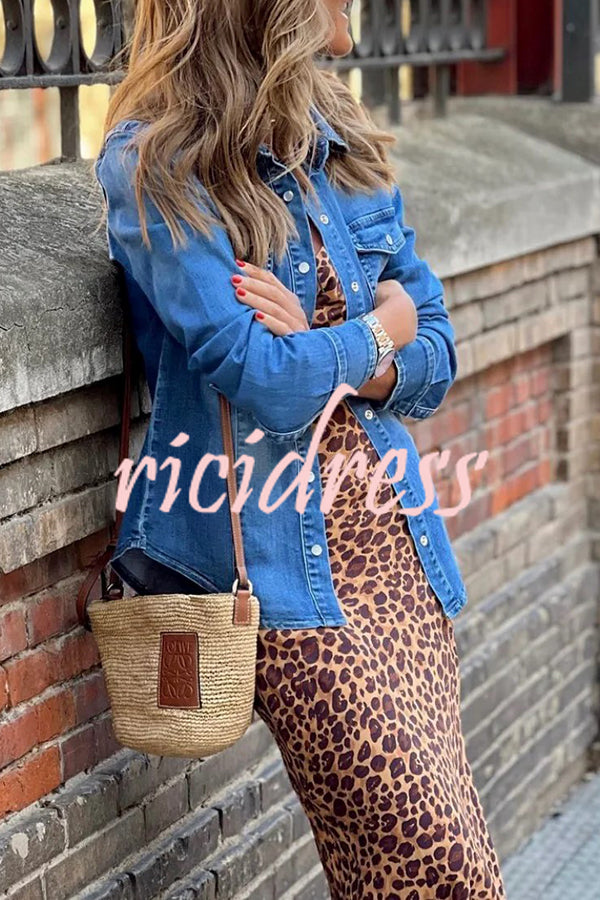 Lapel Single Breasted Pocket Denim Long Sleeve Top