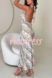 Garden Goddess Unique Colorblock Floral Print Halter Backless Maxi Dress