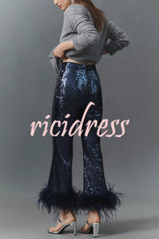 New Year Eve Sequin Feather Trim High Rise Back Zipper Flare Pants