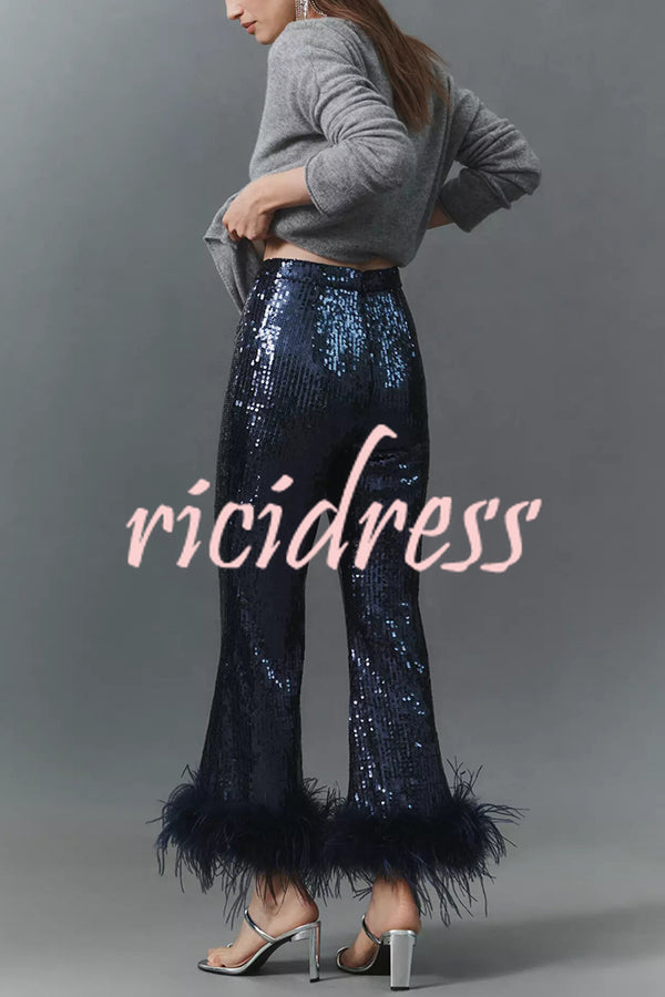 New Year Eve Sequin Feather Trim High Rise Back Zipper Flare Pants