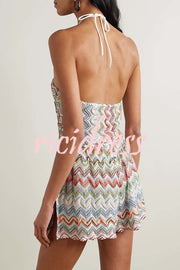 Juney Knit Colorful Zigzag Pattern Halter Neck Slit Wide Leg Loose Romper