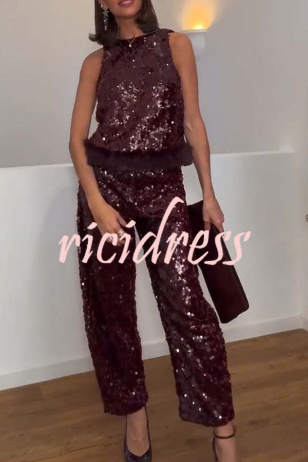 Gala Goddess Sequin High Rise Zipper Waist Wide Leg Pants