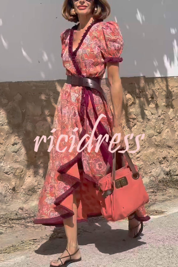 Bohemian Floral Print Elegant Puff Sleeve Holiday Maxi Dress