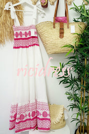Malibu Villa Ethnic Printed Smocked Shoulder Tie Maxi Dress