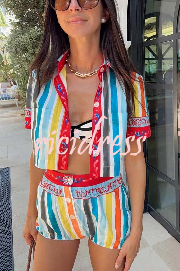 Rainbow Mood Unique Print Short Sleeve Crop Shirt and Elastic Waist Loose Bloomers Set