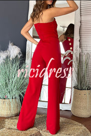 Solid Color Sexy Tube Top Gold Button Embellished Bootcut Jumpsuit