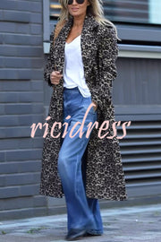 Leopard Affair Animal Print Epaulettes Long Sleeve Pocketed Lapel Midi Trench Coat