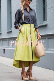 Effortless Charm Front Zipper Detail Pocketed High Low Pleated Midi Skirt