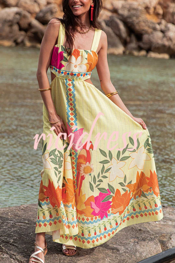 Resort Style Unique Print Sexy Square Neck Backless Waist Maxi Dress