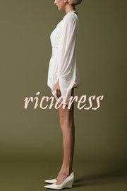 Solid Color Round Neck Lantern Long Sleeve Pleated Casual Mini Dress