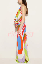 Artistic Girl Satin Unique Print Metal Chain Halter Draped Scarf Tank