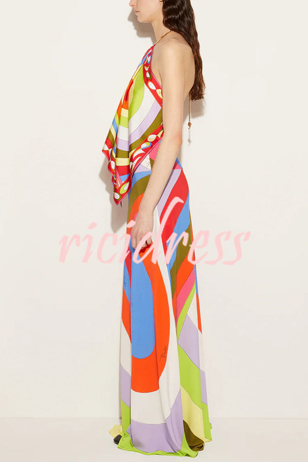 Artistic Girl Satin Unique Print Metal Chain Halter Draped Scarf Tank