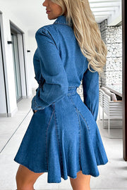 Stylish Long Sleeve Pocket Waist Belted Denim Mini Dress