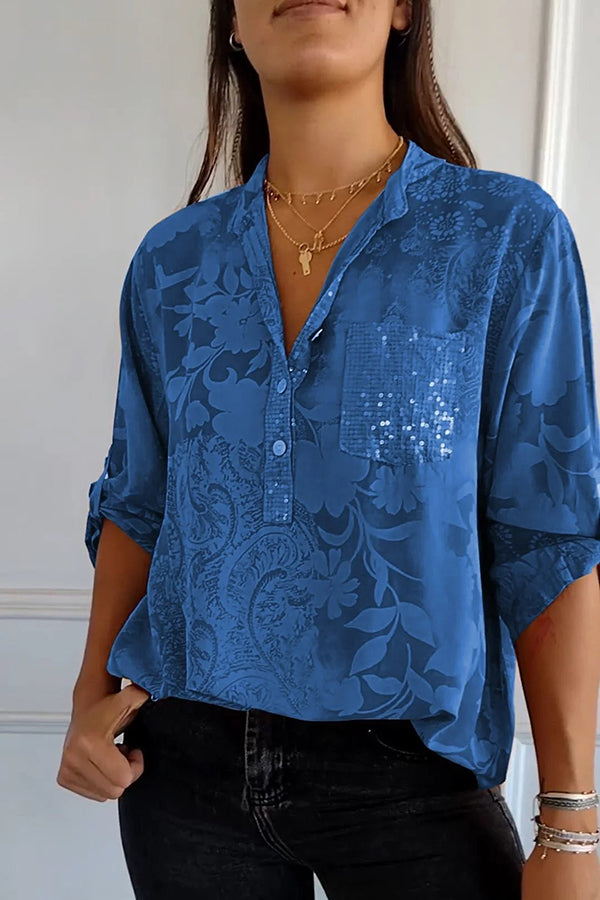 Botanical Floral Print Casual Fashion Sequin Pocket Shirt Top