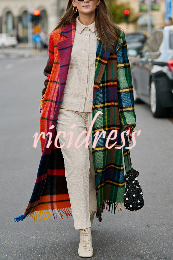 Fashionable Color-block Plaid Print Lapel Long-sleeved Casual Long Coat