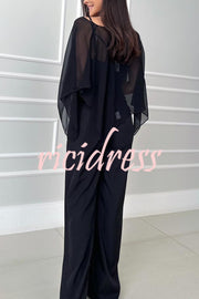 Vanie Chiffon Cape Batwing Sleeve Top and High Waist Pocket Wide Leg Pants Set