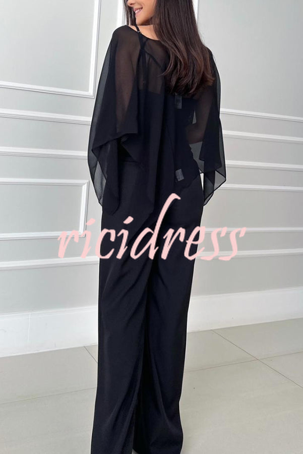Vanie Chiffon Cape Batwing Sleeve Top and High Waist Pocket Wide Leg Pants Set