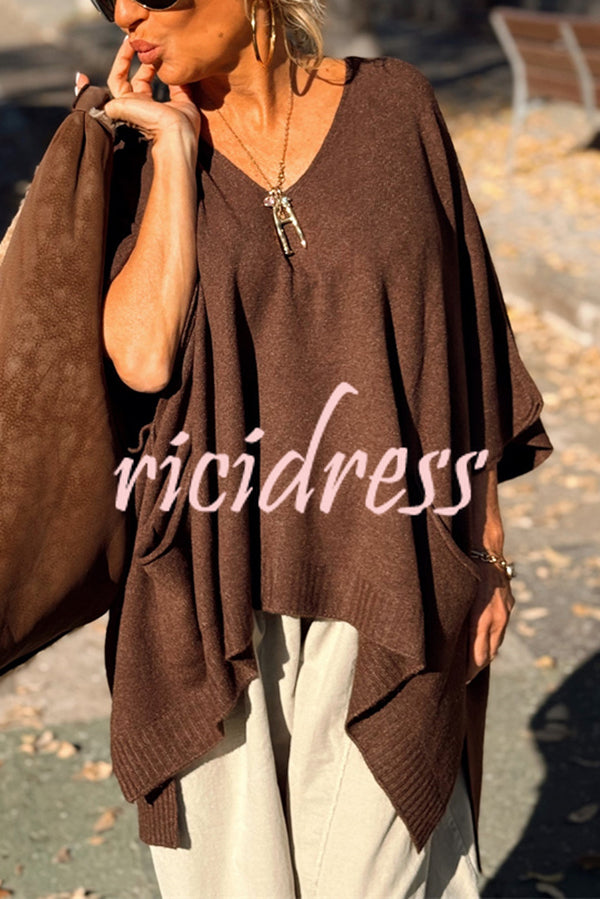 Fashion V-neck Loose Pocket Mid-length Knitted Sweater
