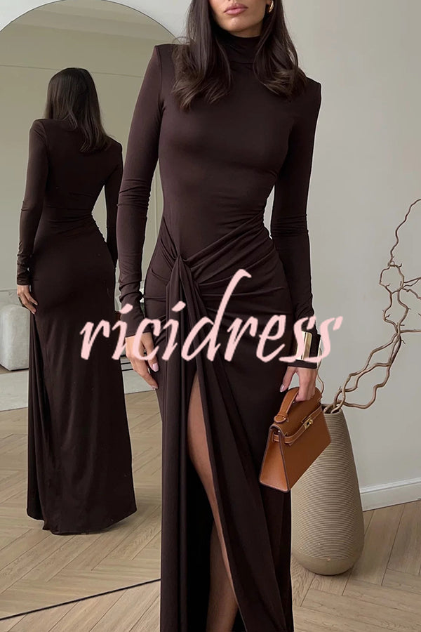 Luxe Silhouette High Neck Shoulder Pads Drape Stretch Maxi Dress