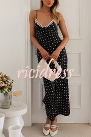 Polka Dot Print Sleeveless Patchwork Lace-up Midi Dress