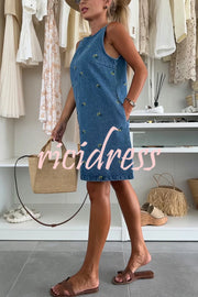 Floral Print Round Neck Sleeveless Loose Denim Mini Dress