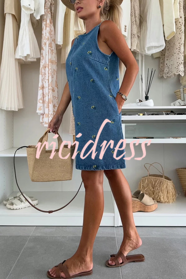 Floral Print Round Neck Sleeveless Loose Denim Mini Dress