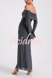 Sexy Shiny Off-The-Shoulder Long-Sleeved Fitted Maxi Dress