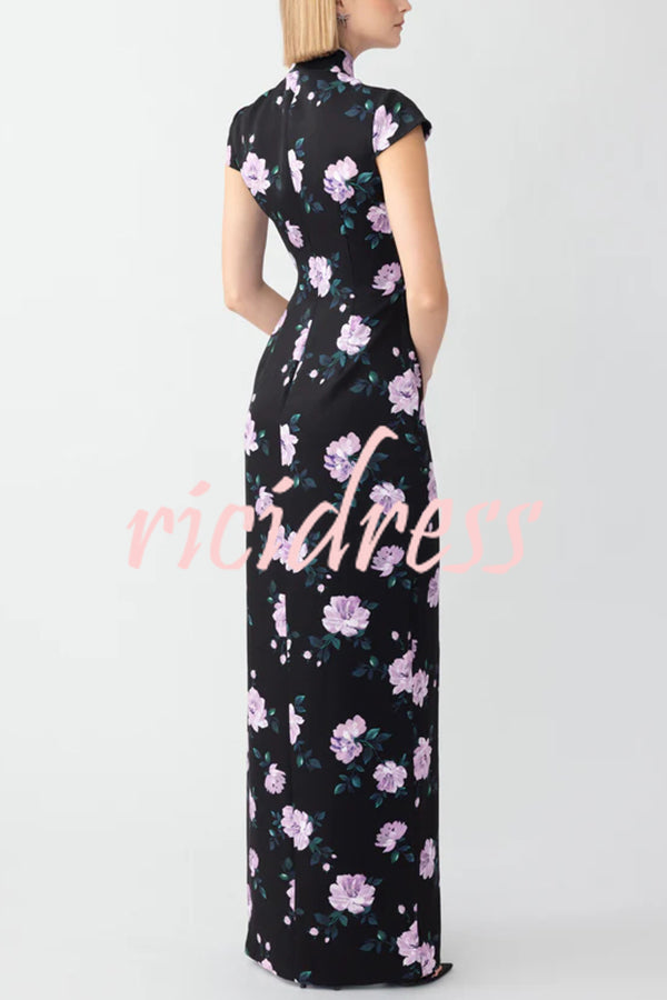 Lavender Flower Print Cutout Bow Details Thigh-high Slit Cheongsam Maxi Dress