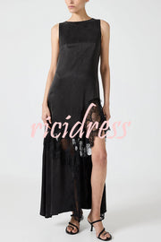 Pretty Soul Satin Lace Trim Wide Neck Irregular Hem Slit Maxi Dress