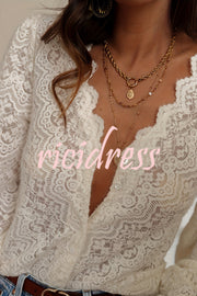 Fashionable Openwork Lace Long-sleeved V-neck Elegant Shirt