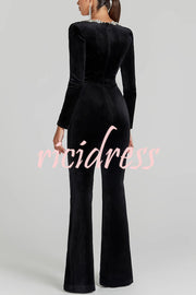 Classic Charm Velvet Jewel Embellished Trim Long Sleeve Flare Jumpsuit