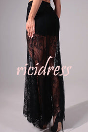 Perfect Party Lace Elastic Waist Contains Lining A-line Maxi Skirt