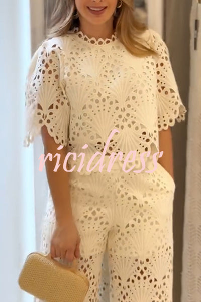 Eliose Scallop Cutout Embroidery Lace Short Sleeve Loose Top