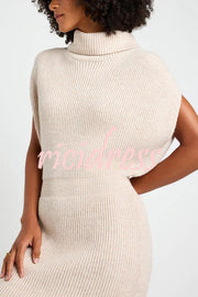 Book Club Knit Turtleneck Cap Sleeve Slit Sweater Midi Dress