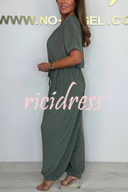 Solid Color V-neck Short-sleeved Waist-tied Loose Casual Jumpsuit