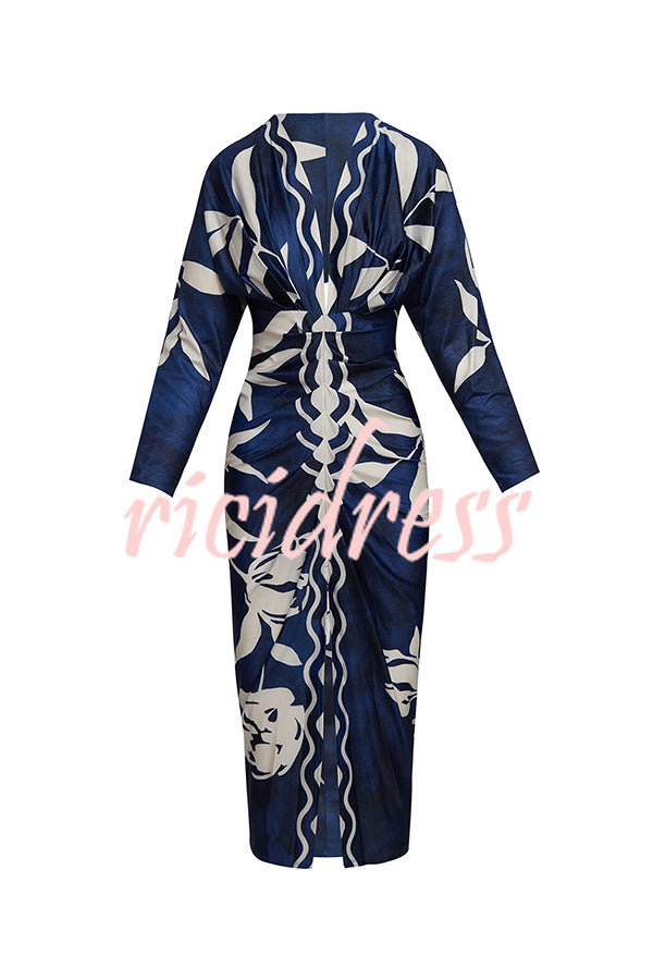 Caliana Unique Print Dolman Long Sleeve Ruched Slit Midi Dress