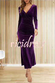 Solid Color Velvet Long Sleeve V-neck Slim Fit Fishtail Maxi Dress