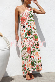 Botanical Print Elegant Strappy One-shoulder Resort Maxi Dress