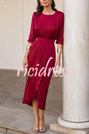 Satin Solid Color Round Neck Half Sleeve Waist Midi Dress