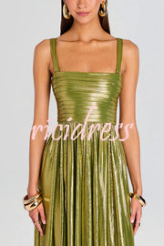 Artistic Quality Metallic Pleated Fabric Removable Straps Slit Maxi Dress