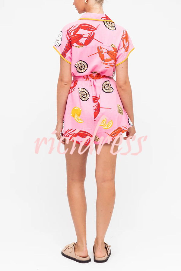 Unique Printed Lapel Short-sleeved Waist Tie Pocket Rompers