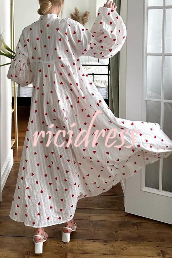 Cute Heart Print Puff Sleeve Loose Shirt Style Maxi Dress