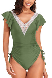 Fashionable V-neck Ruffled Flying Sleeves Stretch One-piece Swimsuit