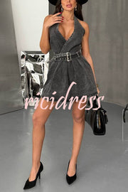 Fashionable Halterneck Open-back Belted Denim Mini Dress
