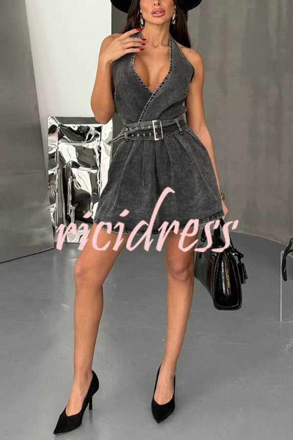 Fashionable Halterneck Open-back Belted Denim Mini Dress