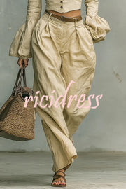 Linen-blend Long-sleeved Button-down Top and Relaxed-pocket Wide-leg Pants Set