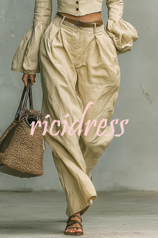 Linen-blend Long-sleeved Button-down Top and Relaxed-pocket Wide-leg Pants Set