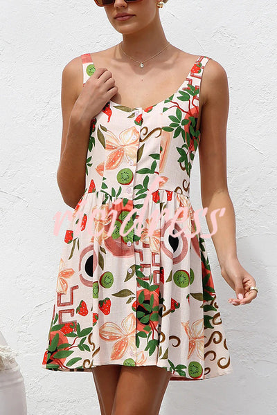 Botanical Print Sleeveless Button-Down Mini Dress